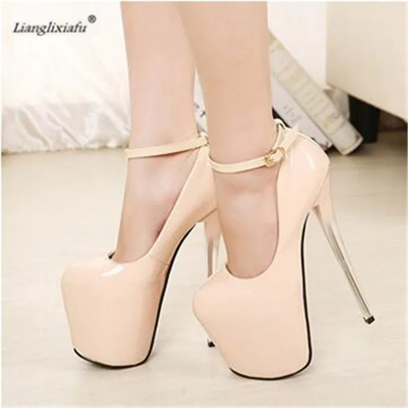 LLXF Plus:34-42 43 Spring club sexy Stiletto 19/22cm thin heels platform single shoes Ankle Strap women wedding SM pumps