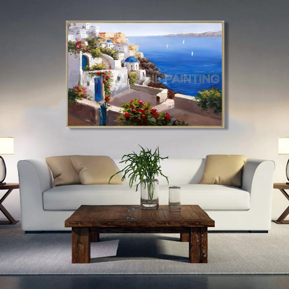 Artist Hand-painted High Quality Greek Aegean Sea Landscape Oil Painting for Room Decor Santorini Greece Seascape Oil Painting