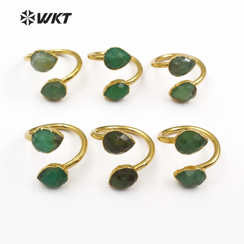 WT-R316 Wholesale Natural Chrysoprase Green Stone Rings Double Water Drop Faceted With Gold Trim Women Elegant ACC