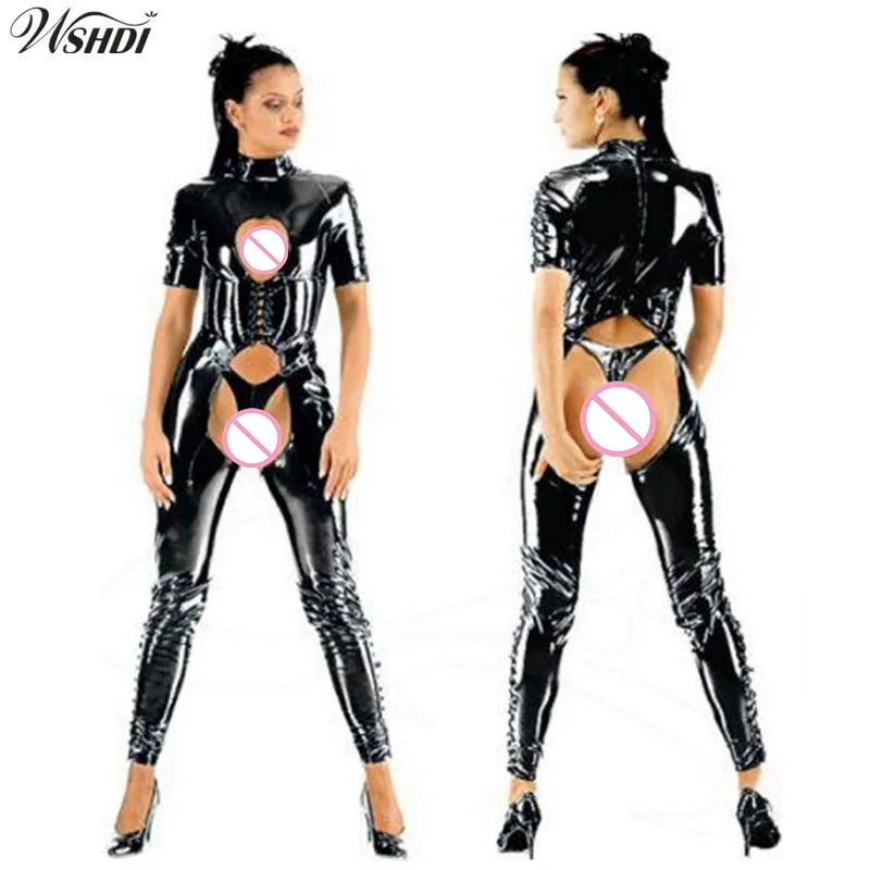 

Sexy Women Black Wet Look Catsuit Bodycon Open Crotch PVC Latex Jumpsuit Faux Leather Bodysuit Nightclub DS Dance Costume