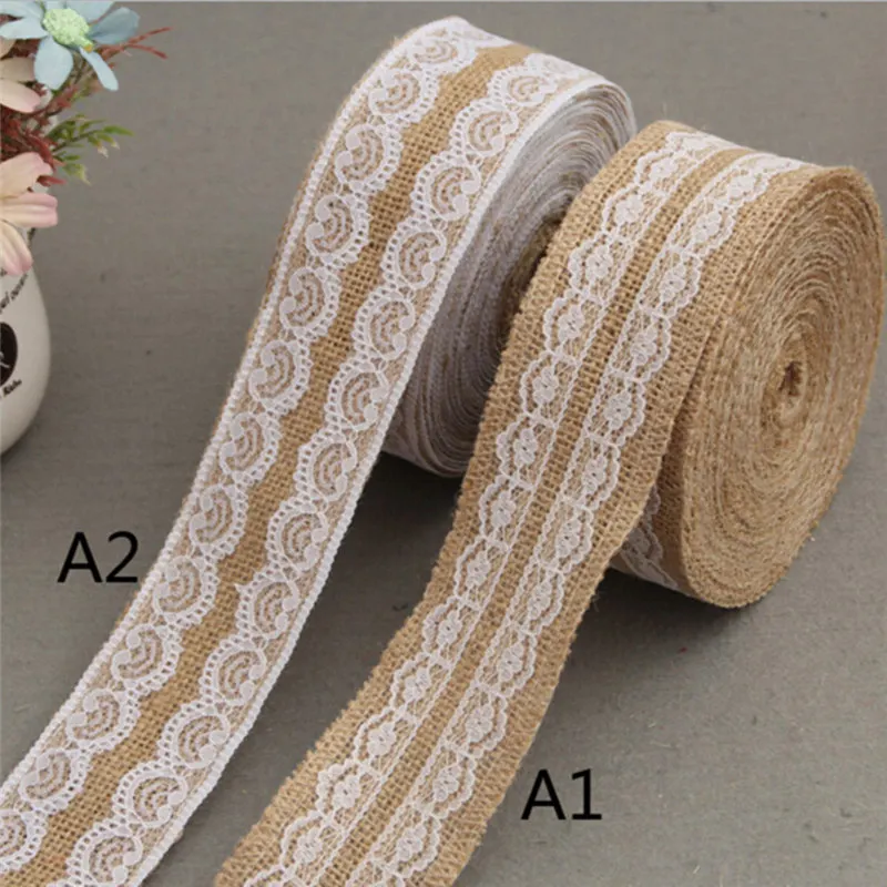 50mm Natural Jute Burlap Hessian Lvory White Lace Ribbon Roll 2M Vintage Wedding Decoration Party Crafts Gift Wrapping AA8057