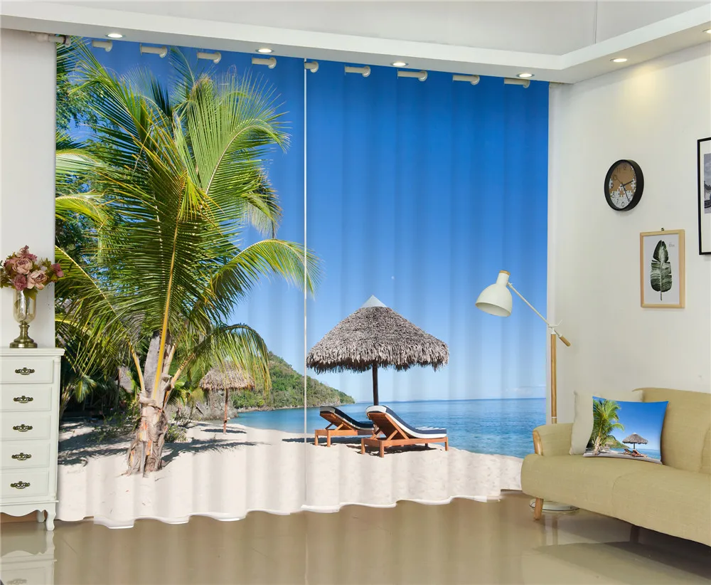 Curtains Sea Beach Luxury 3D Blackout Curtains for Living Room Bedroom Window Curtains Rideaux Drapes Cortinas Customized size