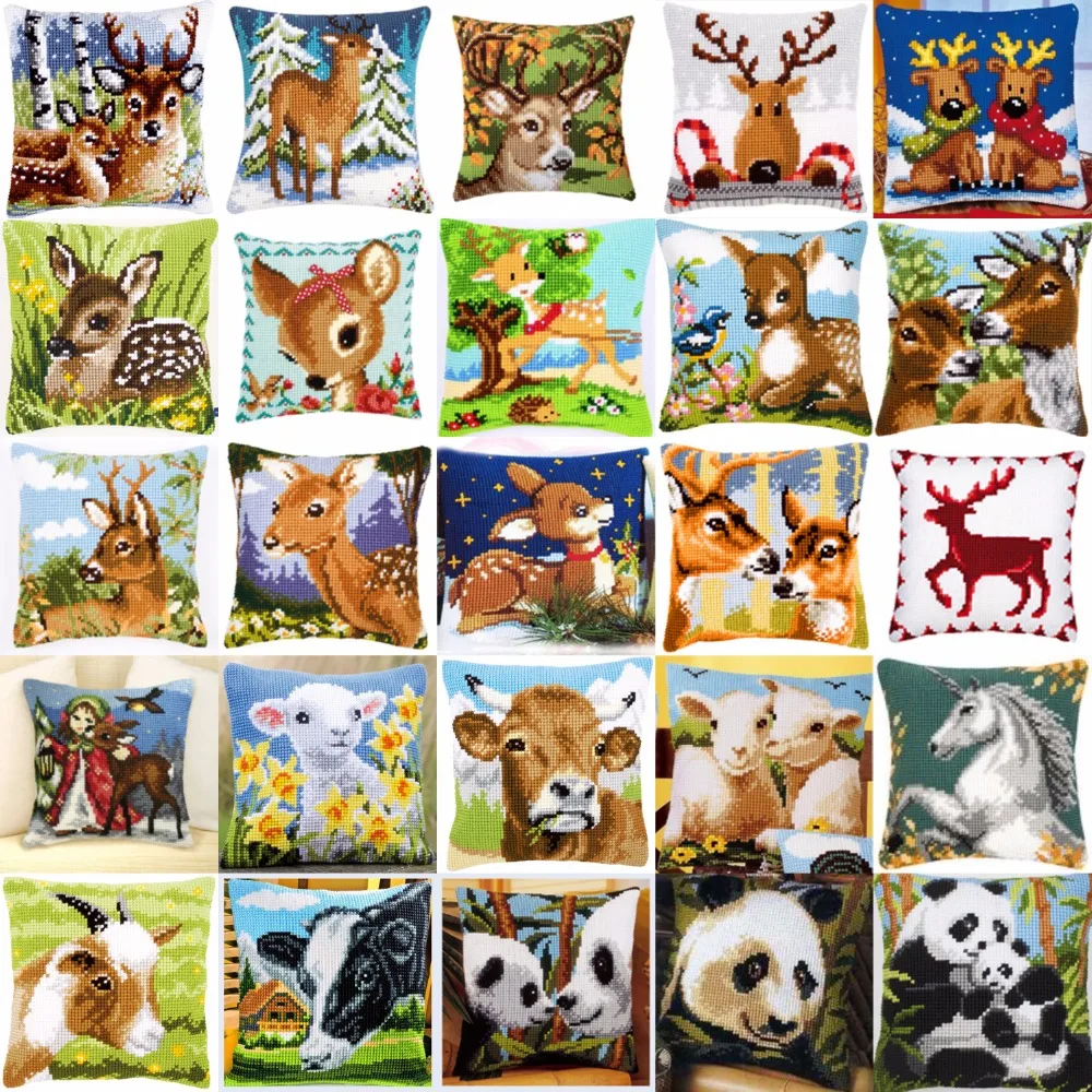 Animals 02  DIY Needlework Kit  Acrylic Yarn Embroidery Pillow Tapestry Canvas Cushion Front Cross Stitch Pillowcase