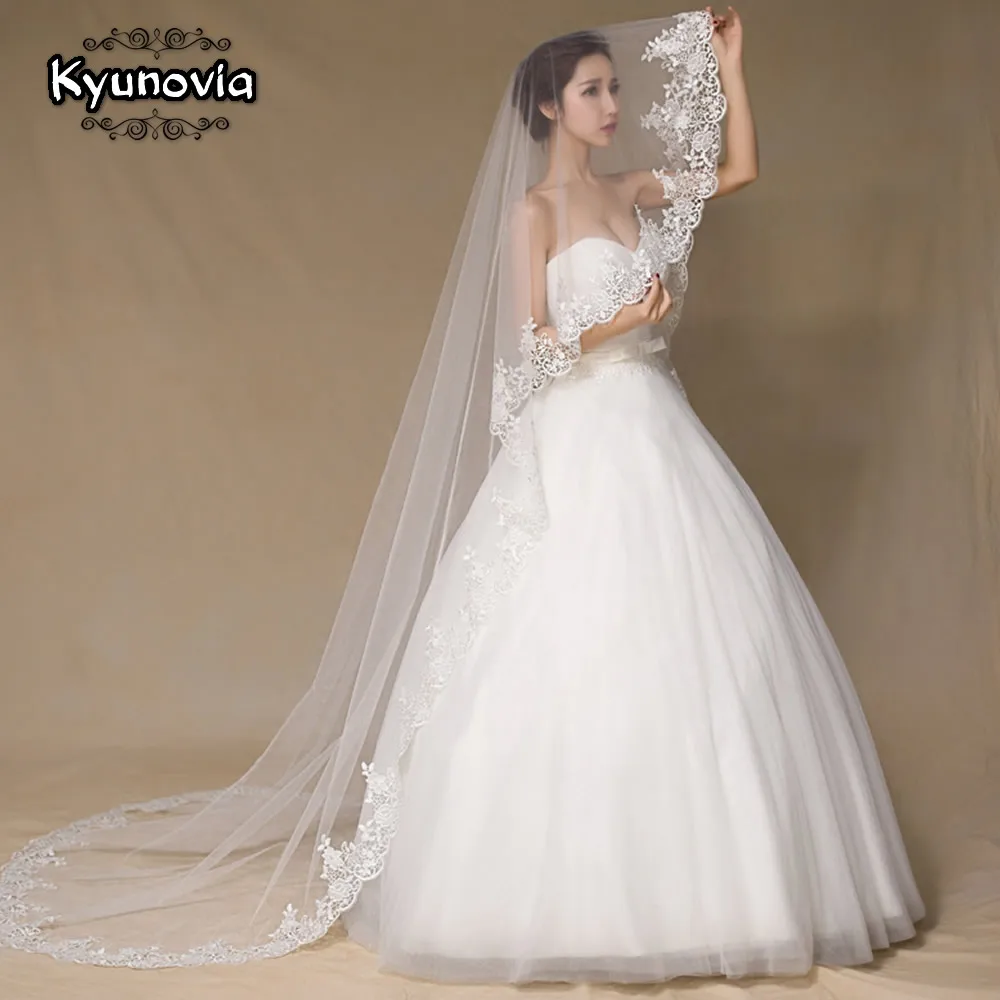 Kyunovia Wedding Veil Lace Cathedral wedding accessories Without Comb Bridal Veil Long Voile 300CM  Lvory Wedding Veil D23