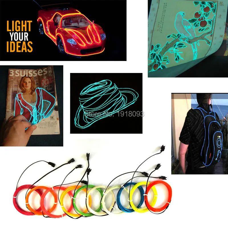 10 Colors Choice 1.3mm 1-25 Meter EL Wire Tube Flexible LED Strip Light For Light-up Craft Model ,bag ,Decoration