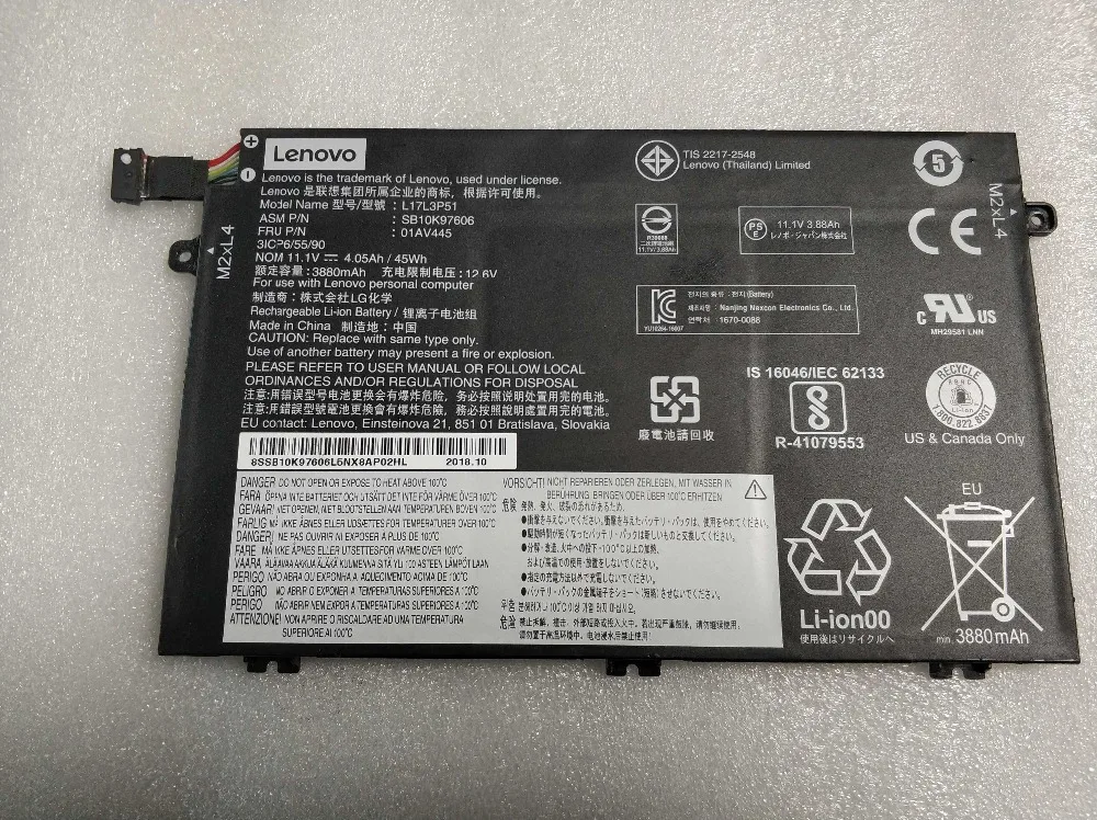 

New genuine Battery for LENOVO Thinkpad E480 E485 E490 E580 E585 E590 R480 R490 R580 L17L3P51 SB10K97606 01AV445 11.1V 45WH