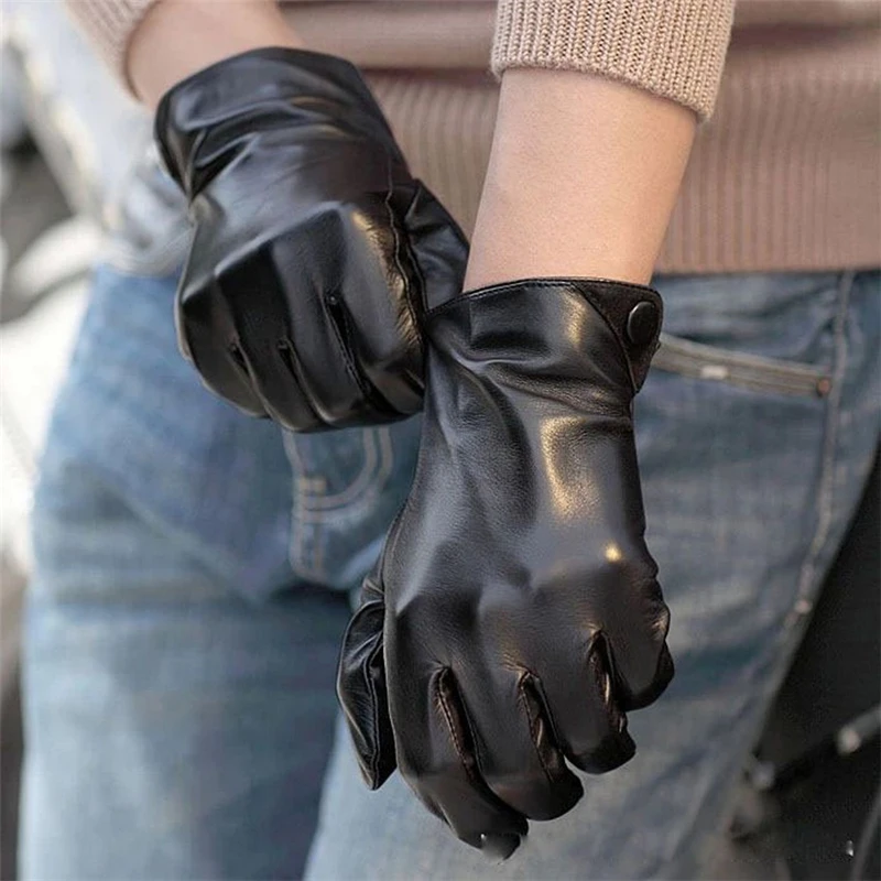 Fashion Men Real Sheepskin Gloves Wrist Solid Winter Lambskin Genuine Leather For Male Warm Driving Glove Free Shipping M001NC