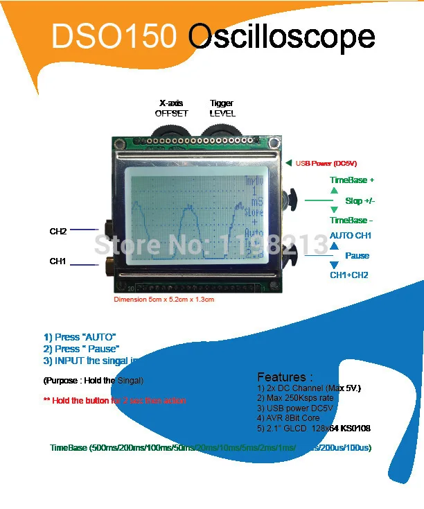 DSO150 Digital Scope Oscilliscope KIts AVR Core with probe