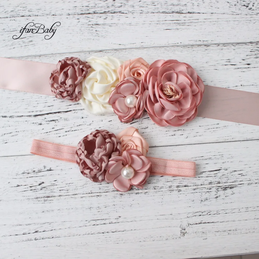 Fashion Burn flower Belt Girl Woman Sash Belt Wedding Sashes belt  with flower headband 1 SET