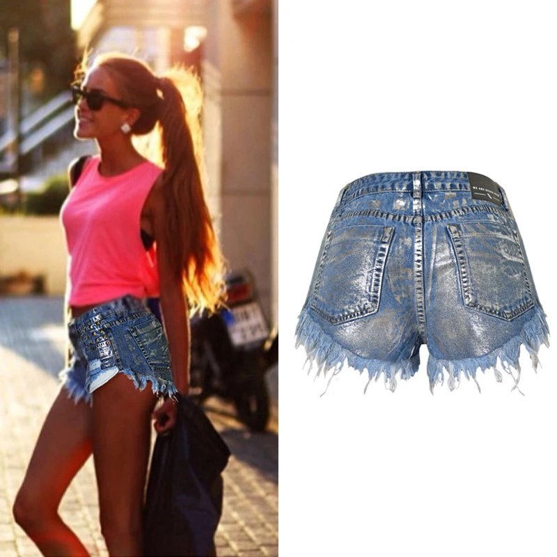 2024 summer tassel women jeans shorts vintage punk sliver rivet ripped denim women shorts Street fashion high waist shorts