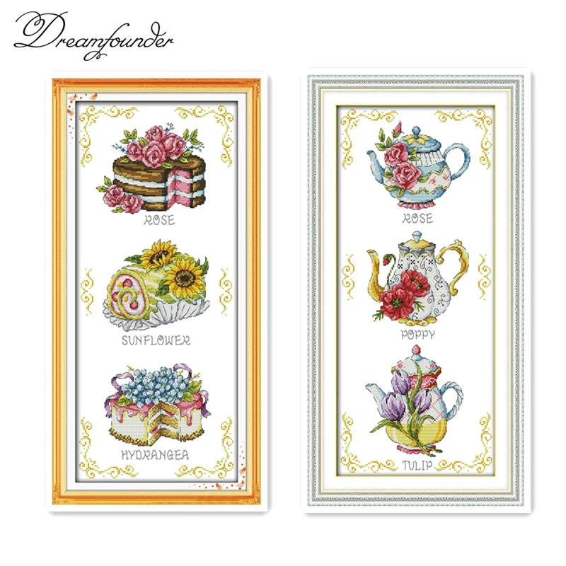 Clear stock Flower cake teapot cross stitch kit counted fabric 18ct pre printed 14ct 11ct embroidery DIY handmade needlework