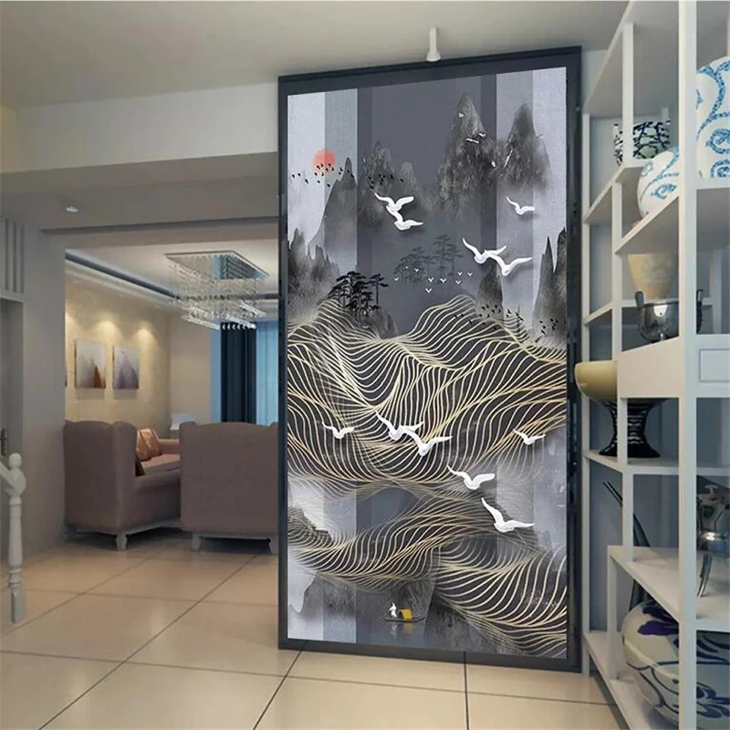 

Custom wallpaper 3d mural new Chinese artistic conception ink landscape floating line bird porch 8d wallpaper 5d papel de parede