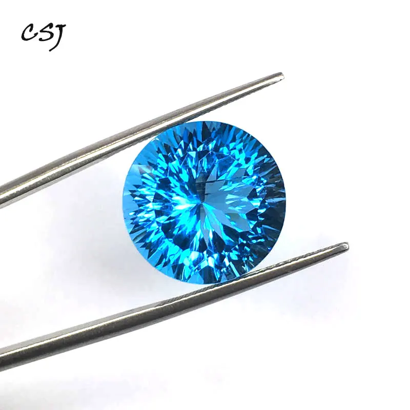 CSJ Natural Blue Topaz Loose Gemstone Deep Color Big Stone Round 15MM 16ct Brilliant Cutting For Diy Jewelry 925 Silver Gold