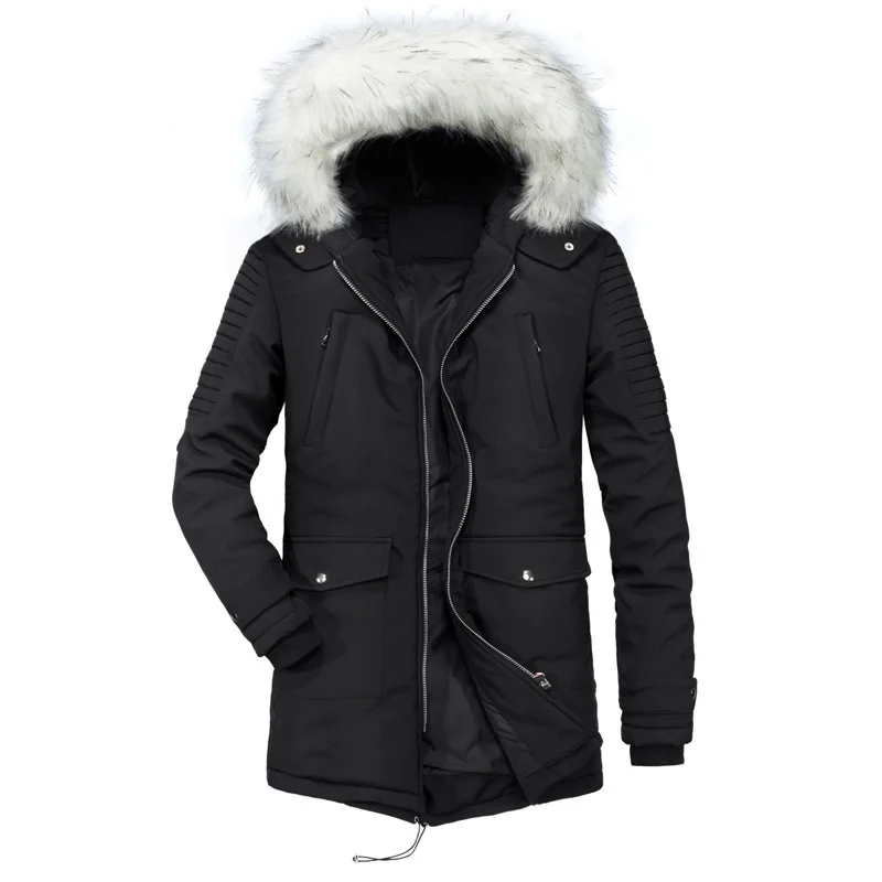 Casacos acolchoados de algodão, jaquetas de inverno masculinas de pele com capuz, casaco acolchoado quente grosso com capuz moda masculina, parka longo com capuz para homens