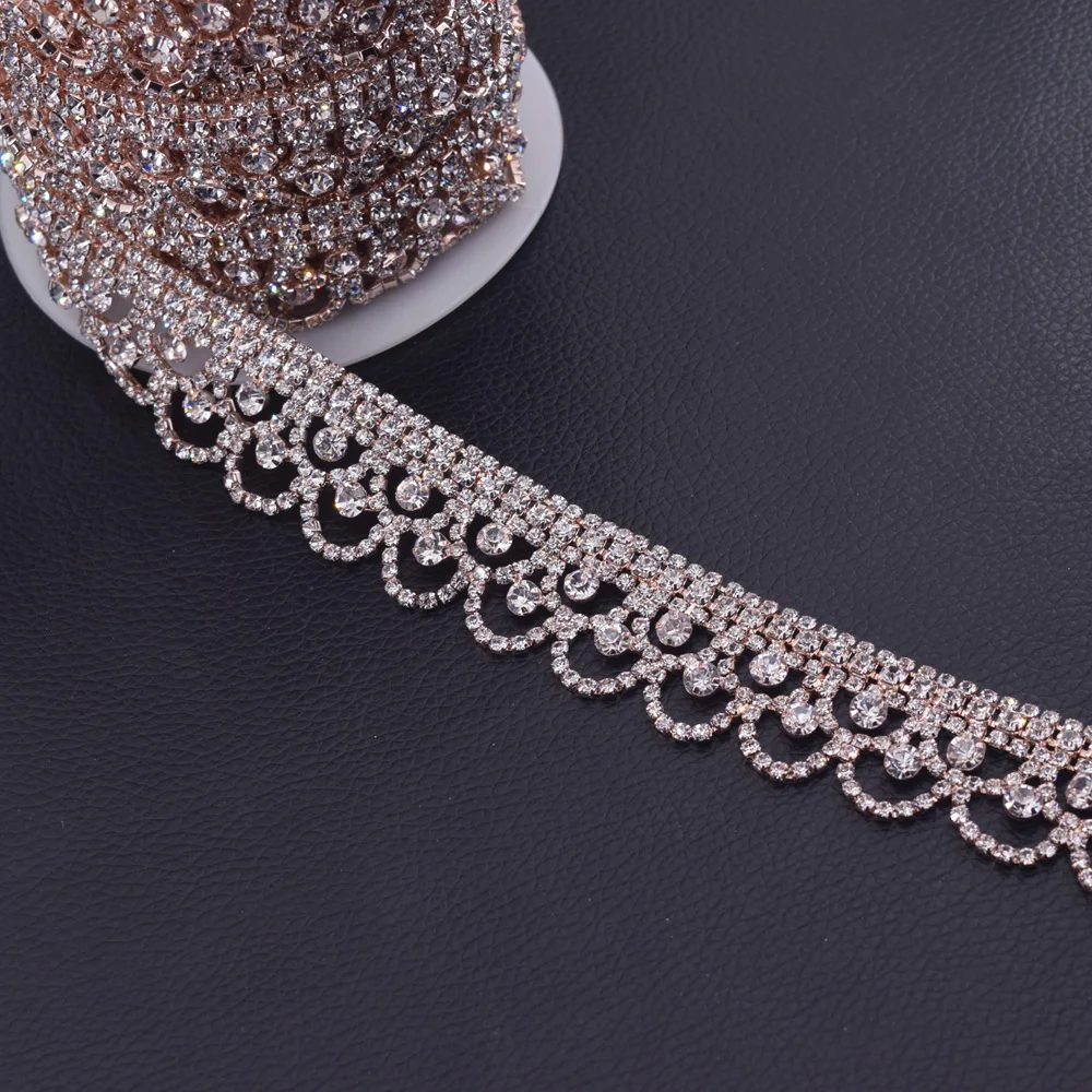 

CuiEr 5yards Exquisite Crown Rose gold crystal Garment Rhinestone Trim Applique for wedding Dress belt sash Decoration HF-3268