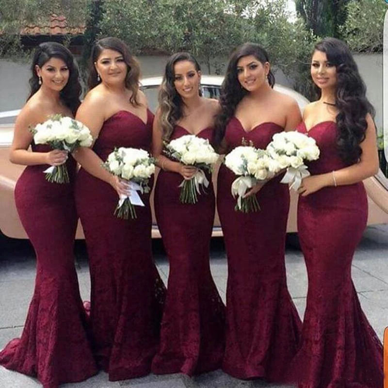 2019 New High Quality Burgundy Color Mermaid Lace Formal Bridesmaid Dress Sweetheart Neckline Long Maid of Honor Gown Plus Size