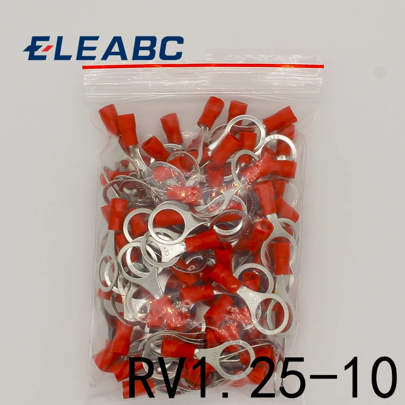 

RV1.25-10 Red 22-16 AWG 0.5-1.5mm2 Insulated Ring Terminal Connector Cable Wire Connector 100PCS/Pack RV1-10 RV