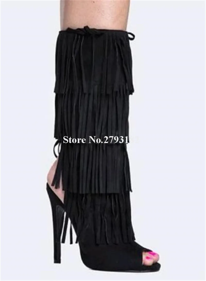 Brand Design Women Fashion Open Toe Black Suede Tassels Mid-calf Gladiator Boots Cut-out High Heel Fringed Boots