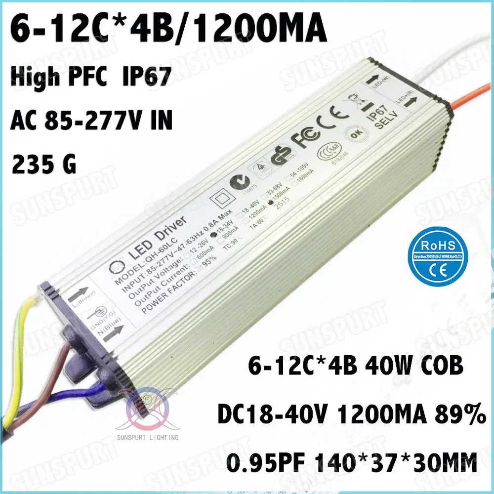 

2 Pcs Waterproof IP67 High PFC 60W AC85-277V LED Driver 6-12Cx4B 1200mA DC18-40V Constant Current For Spotlights Free Shipping