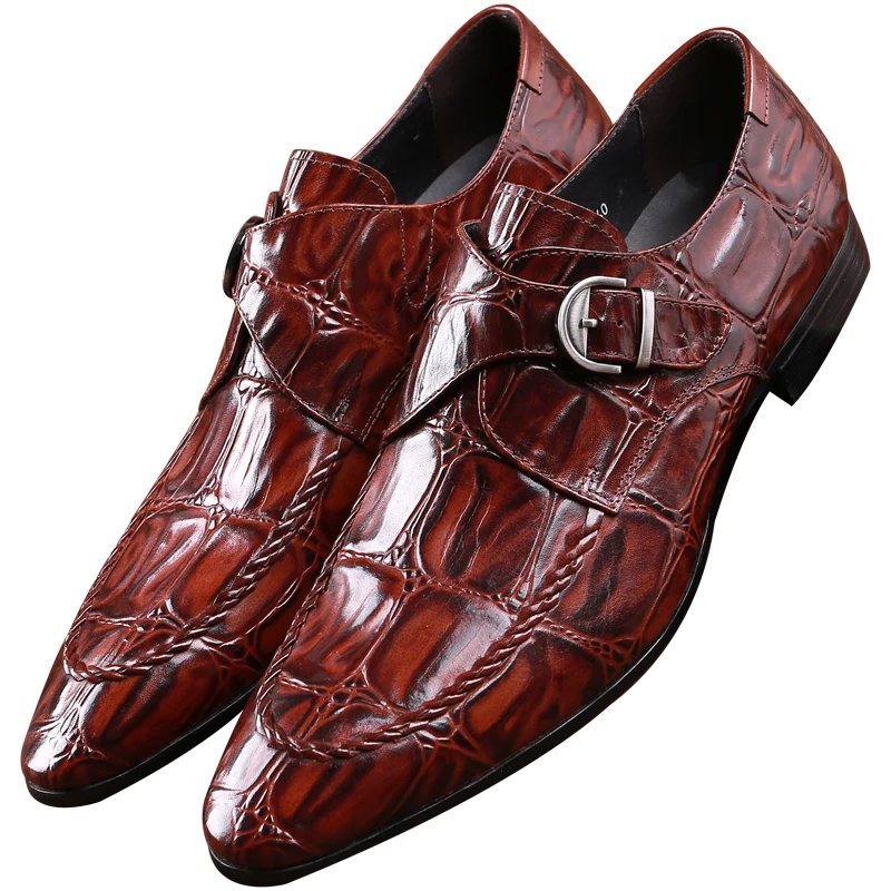 

Crocodile Grain Brown Tan / Black Social Shoes Mens Dress Shoes Genuine Leather Wedding Shoes Male Business Shoes With Buckle
