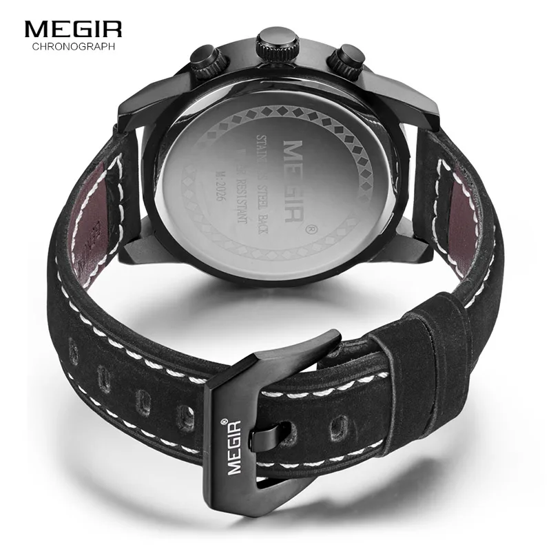 Megir Mens Chronograph Luminous Hands Waterproof Wristwatches Fashion Large Dial Calendar Leather Band Quartz Watch for Man