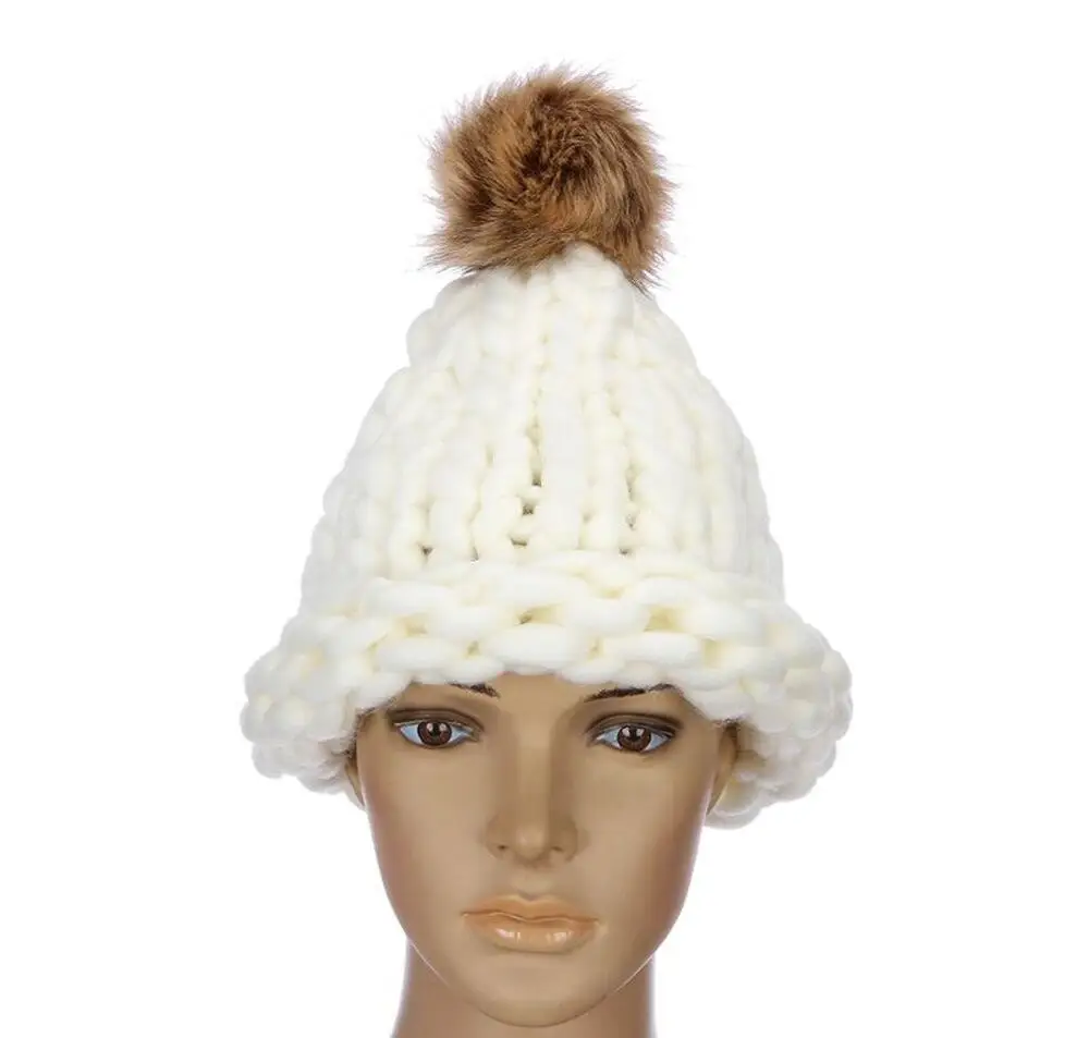 new Casual Beanies Women Thick lines Winter Hats Crochet Knitting Wool Cap Fur Pompons Ball Warm Gorros Outdoor Thick Female Cap image 4