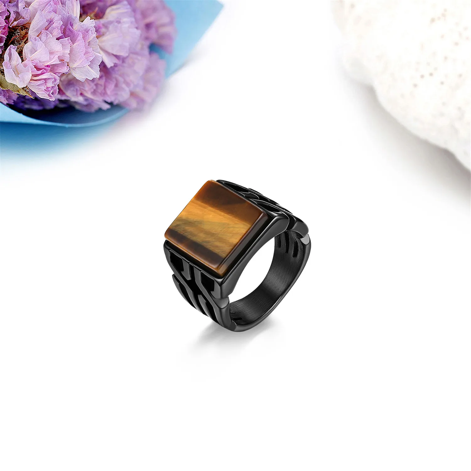 BONISKISS Vintage Men\'s Ring Tiger Eye Stone Punk Classic Black Color Ring Male Stainless Steel Ring Bijoux Aneis Jewelry Gift