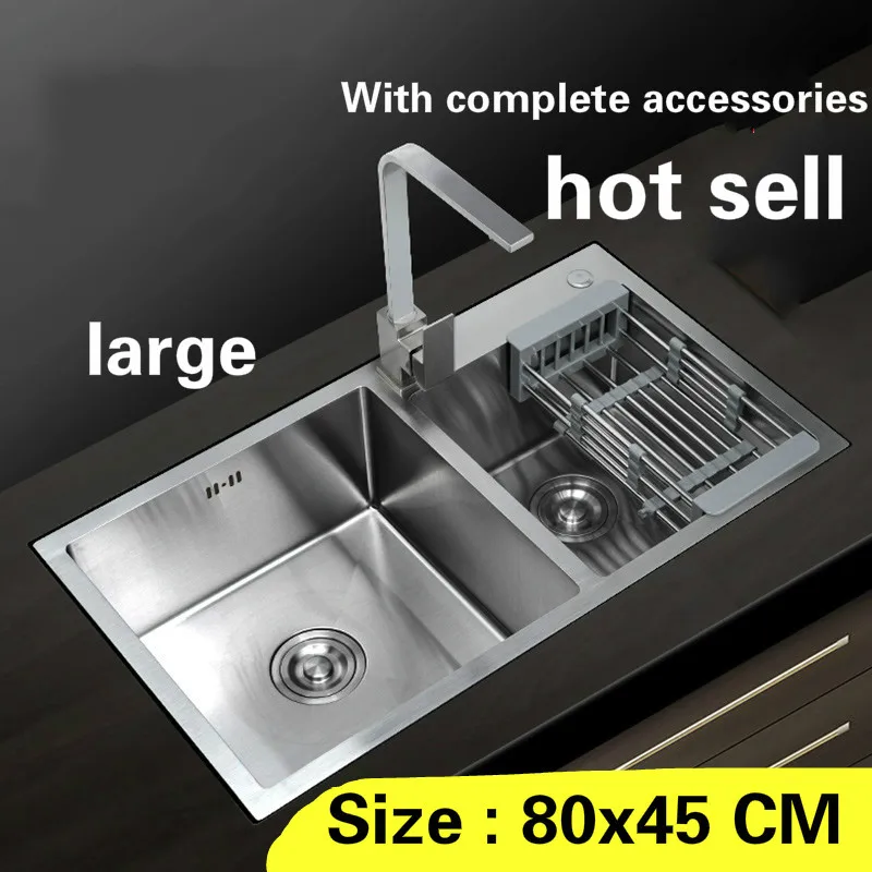 

Free shipping hand made stainless steel household large kitchen sink durable double groove hot sell 80x45 CM