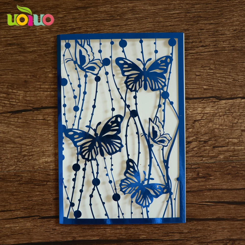 

free 10pcs/lotnew arrival laser cut paper butterly metallic blue wedding invitation card can be custom initinals