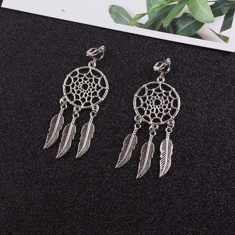 JIOFREE Vintage dream catcher Alloy feathers Clip on Earrings Non Piercing For Women Girts Fashion Party Wedding Ear Jewelry