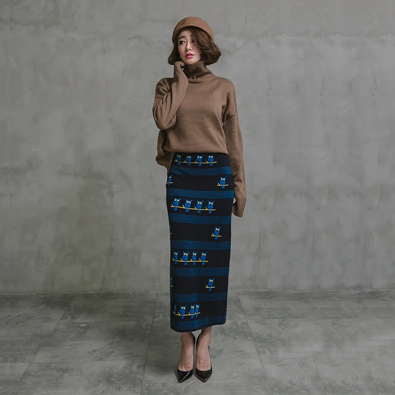 Free Shipping 2020 New Woolen Knitted Long Maxi Skirt High Waist Straight Elastic Cartoon Vintage S-XL Winter Skirts For Women