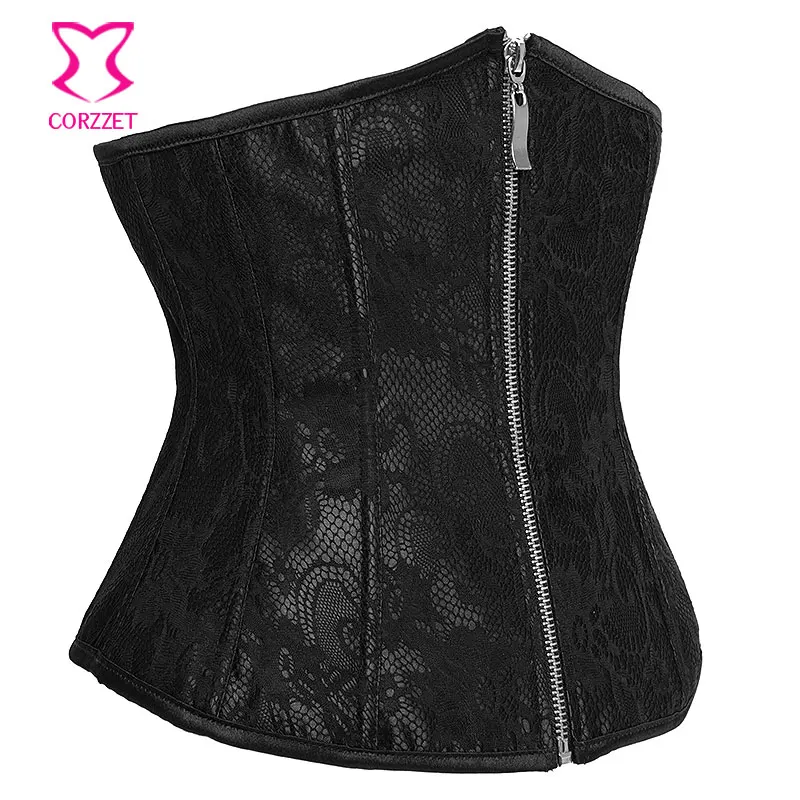 Black Satin&Floral Lace Overlay Underbust Corset Wait Trainer Sexy Waist Shaper Bustier Corpete Corselet Zipper Gothic Lingerie