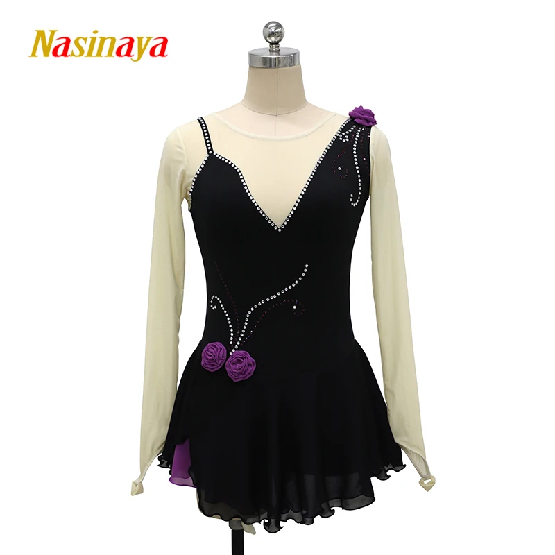 Women Girls V Neck Backless Rhinestone Dance Dress Figure Skating Skirted Leotard Gymnastics Dresses