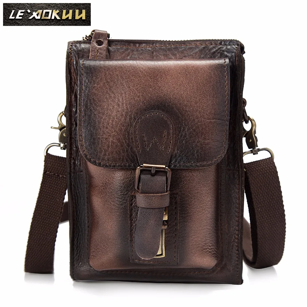 Genuine Leather Men Multifunction Casual Design Small Messenger One Shoulder Crossbody Bag Waist Belt Bag Phone Pouch 6402