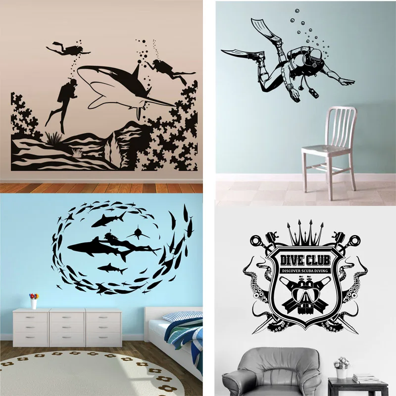 

Scuba Diving Logo Wall Sticker Club Divers Skull Vinyl Decal Home Room Art Extreme Sports Decor Mural