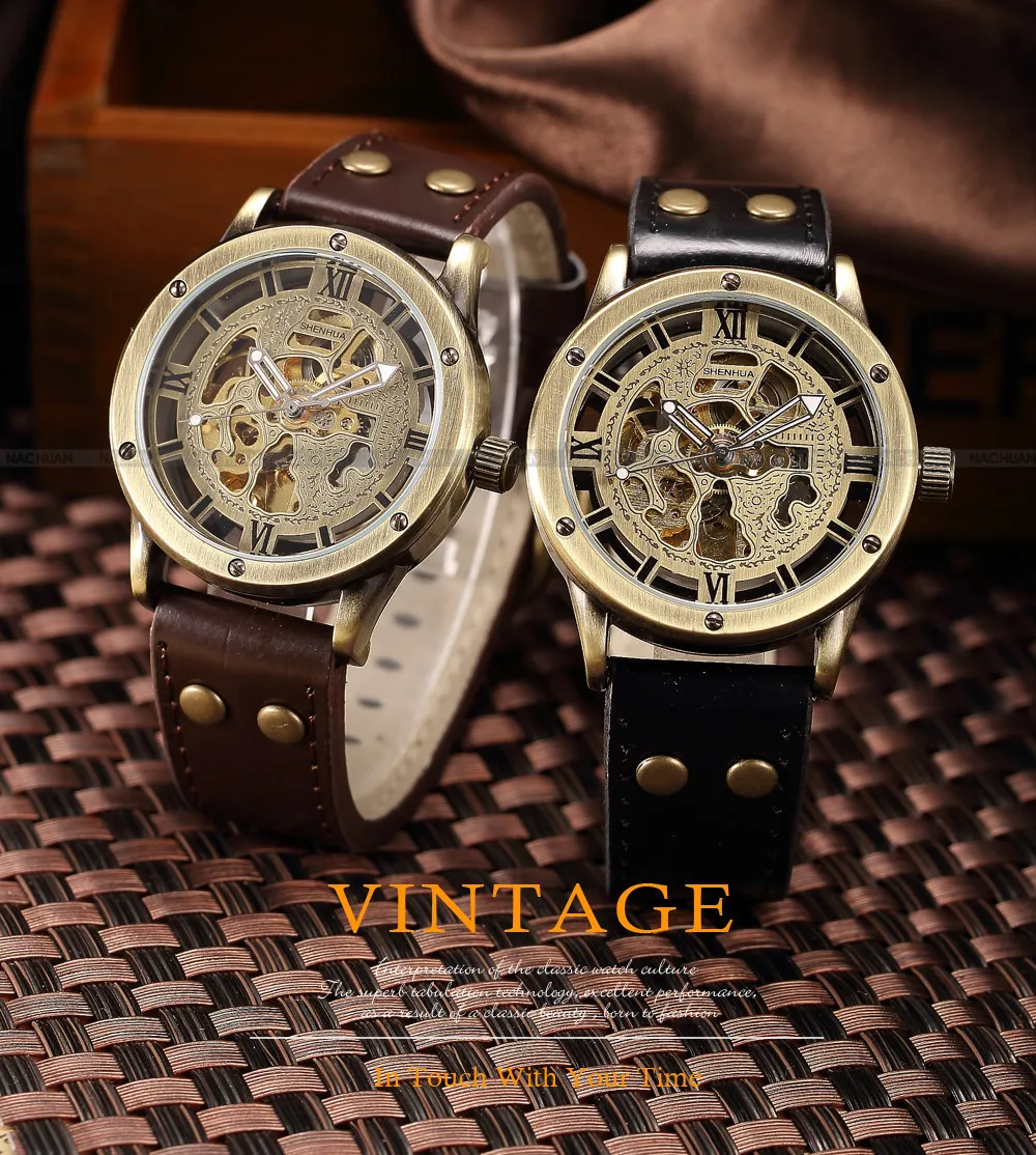 Vintage Bronze Automatic Watches Men Skeleton Brown Leather Strap Mechanical Male Clock Relogio Masculino Mens Wrist Watches