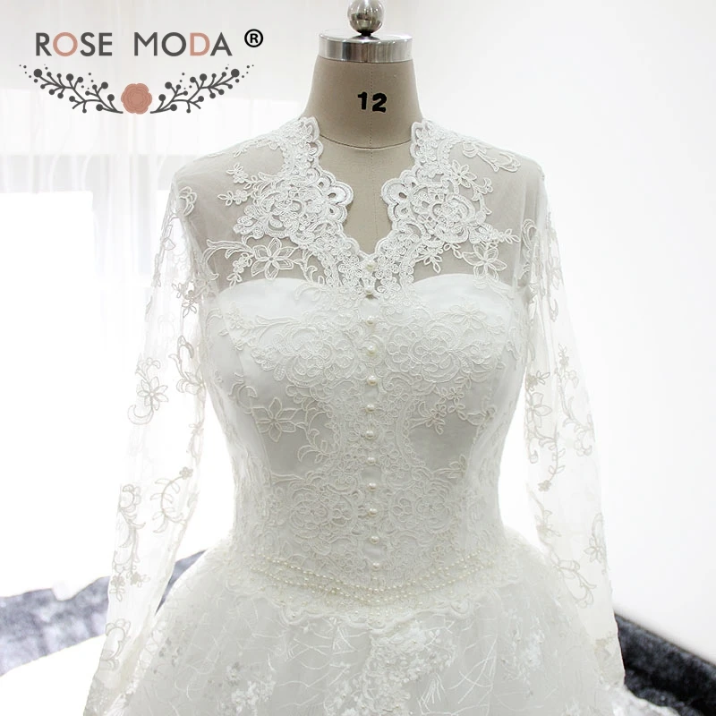 

Rose Moda Long Sleeves Chantilly Lace Princess Wedding Dress Cathedral Train Real Photos Custom Make