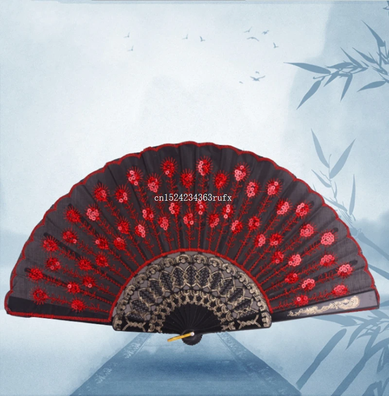 30pcs Chinese Style Cloth Folding Hand Fans Peacock Sequined Square Hand Fans Women Girl Elegant Peacock Print Dancing Fan