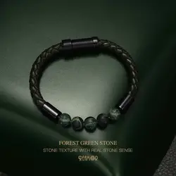 REAMOR Forest Green Natural Stone Texture Bracelets Men Retro Genuine Braided Leather Stainless steel Embedded Clasp Bangles