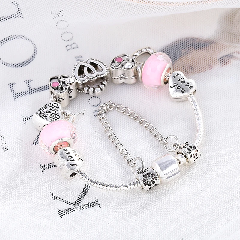 BAOPN European Pink Heart To Heart Beads Charm Bracelets For Women Fit Brand Bracelet & Bangle Couple Jewelry Dropshipping