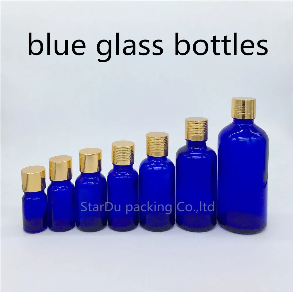 5ml 10ml 15ml 20ml 30ML 50ml 100ml Blue Glass Bottle Vials, Essential Oil Blue Bottle With Gold Screw Cap Perfume Bottles 200pcs