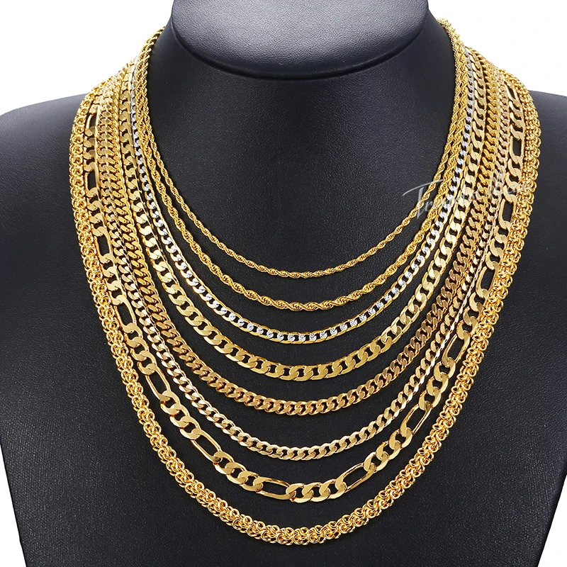 Necklace For Women Men Gold Color Figaro Rope Snake Curb Cuban Link Chain Mens Womens Fashion Jewelry 18-24\