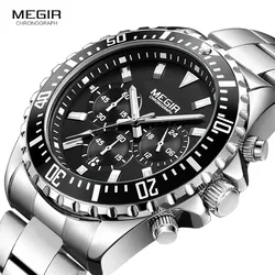 Megir Man's Analogue Chronograph Quartz Watch with Stainless Steel Bracelete Luminous Wristwatch for Boys Calendar 24-Hour 2064G