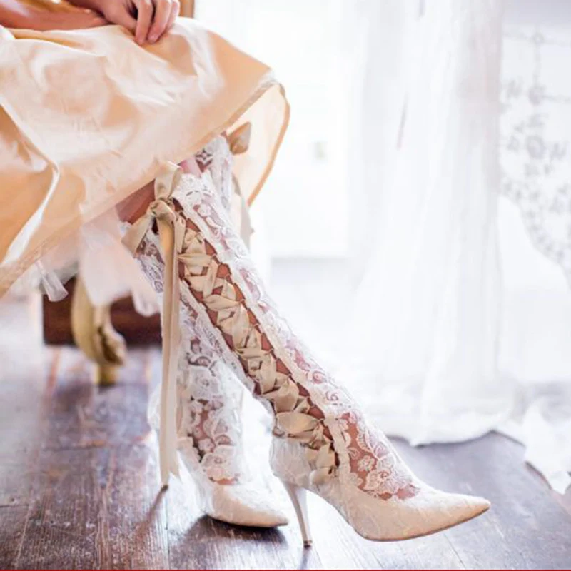 Ladies Romantic Floral Lace Knee High Boots Women Pointed Toe High Heel Short Wedding Dress Boots Ribbons Lace Up Bridal Boots