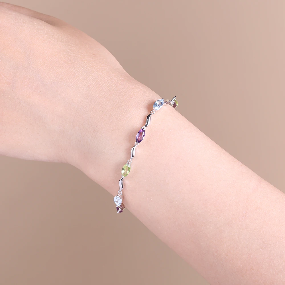 GEM\'S BALLET Sky Blue Topaz Peridot Amethyst Mix Gemstone Bracelets&bangles Pure 925 Sterling Silver Fashion Jewelry For Women
