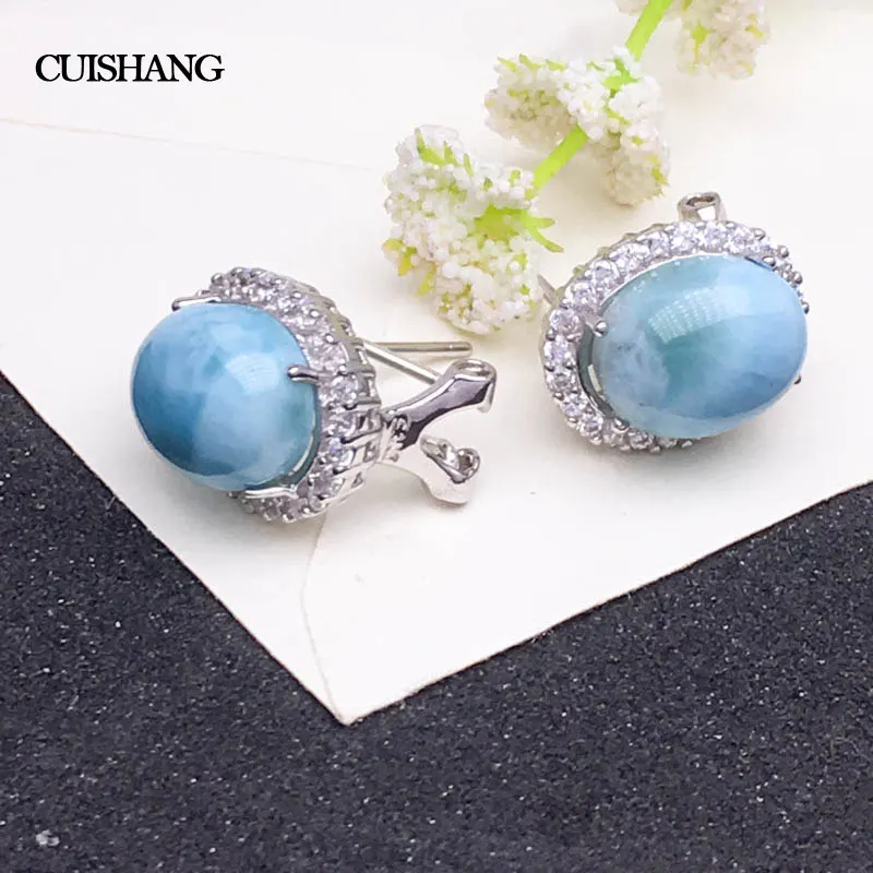 CSJ Natural Blue Larimar Earring Sterling 925 Silver Big Stone 10*12 Wedding Engagement Party for Women Ladies Girls Gift