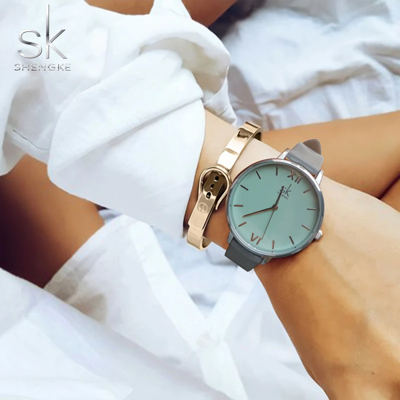 Shengke Women's Watches Fashion Watch For Women Elegant Dress Leather Strap Ultra Slim Wrist Watch Montre Femme Reloj Mujer