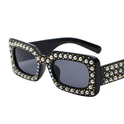 Women's Brand Small Sunglasses with pearls Diamonds and Crystal stones Black Lady's Square Party Beach Sunglasses High Quality