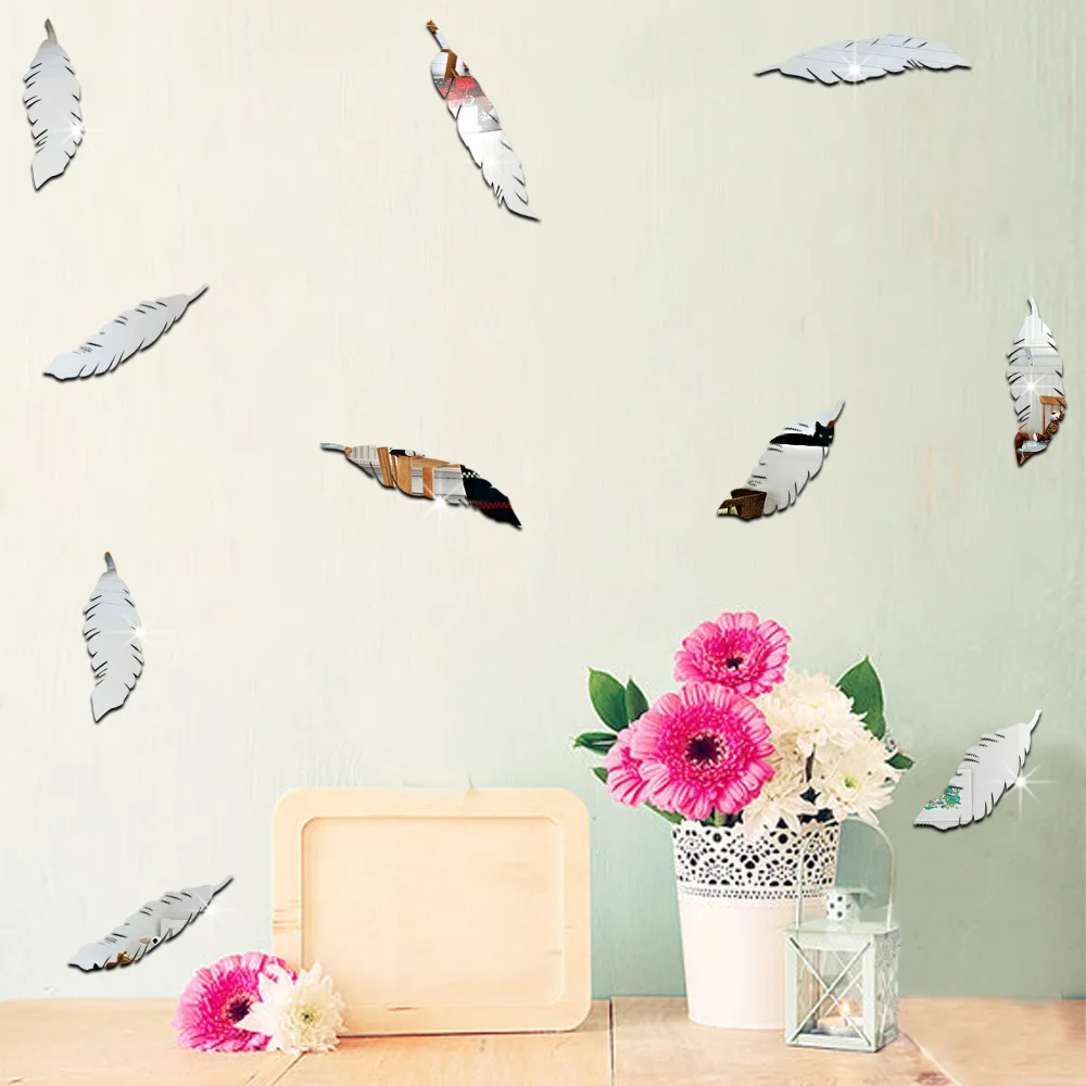Acrylic Mirror Surface Feather Wall Sticker For Kids Rooms Baby Nursery Self-adhesive Wall Decal Home Decor DIY Art Mural Poster