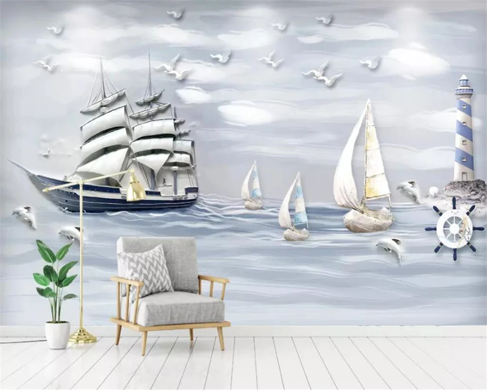 

beibehang Wallpaper sailing underwater world dolphin Seagull 3d children's room background wall decorative painting 3d wallpaper